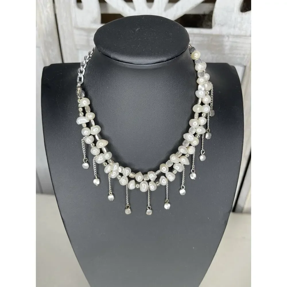 BAROQUE PEARL & Silver Dangle Bib Hanging NECKLACE Unique Short